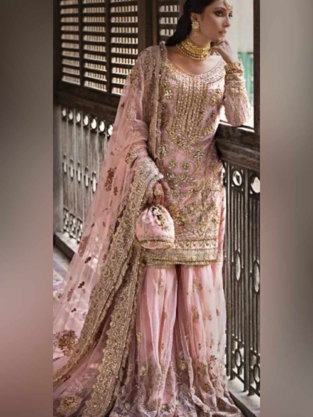 Women’s Embroidered Pink Formal Dress with gharara